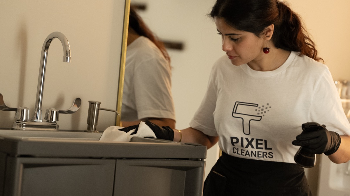 Cleaner dusting high shelves during deep clean in Metro Vancouver home