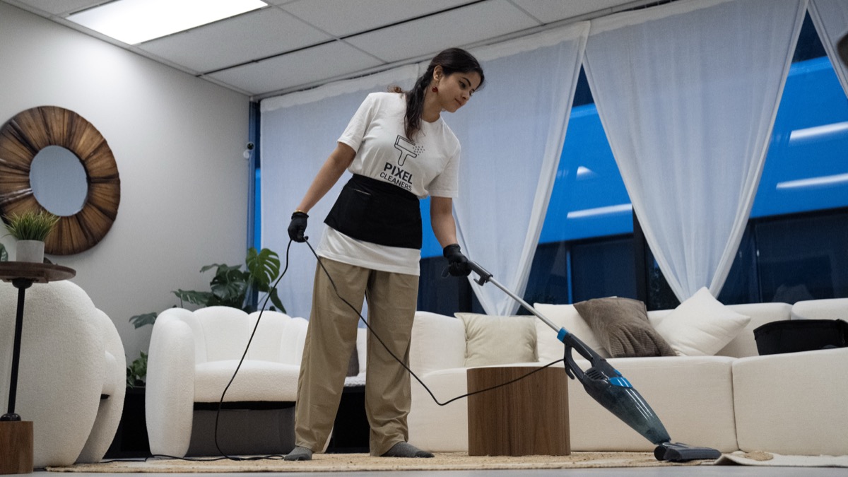 Professional cleaner in pristine living room after move-out clean in Vancouver
