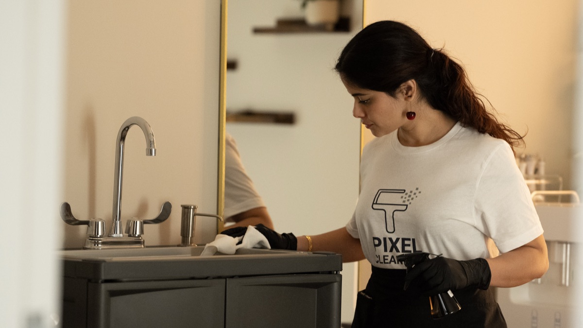 Pixel Cleaners team member ready for service
